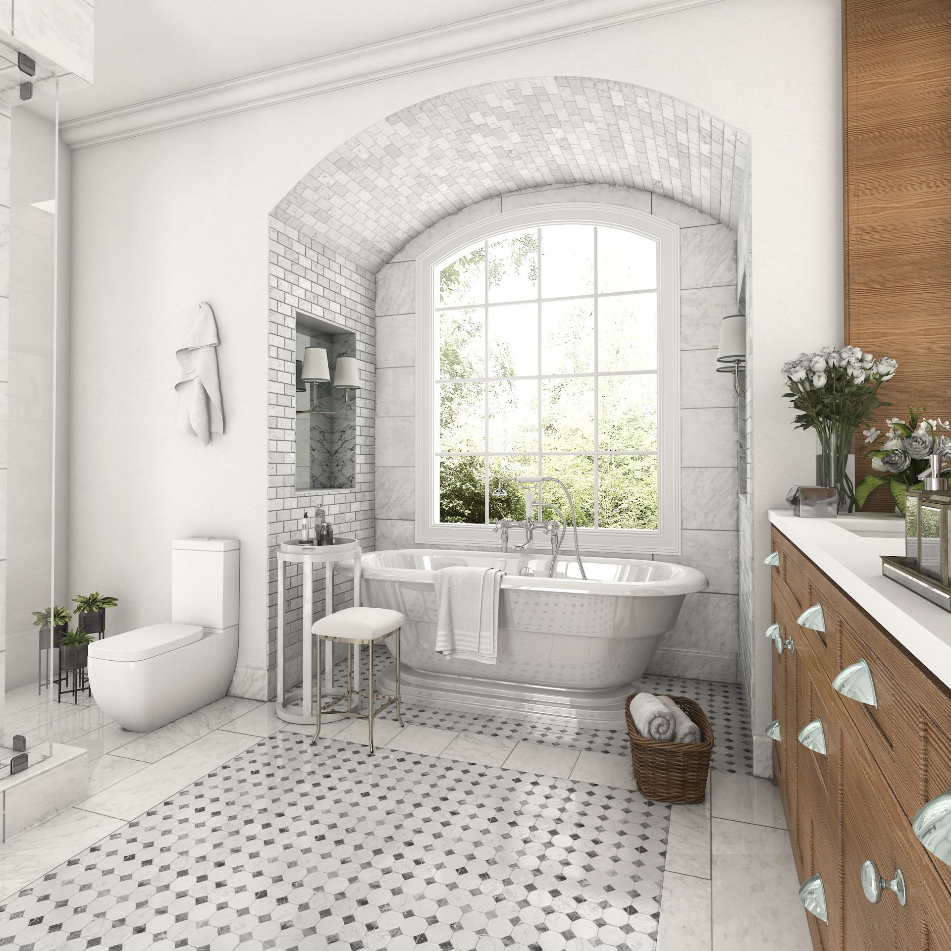 Elegant traditional bathroom installation with freestanding bath and tiled floor in Dundee