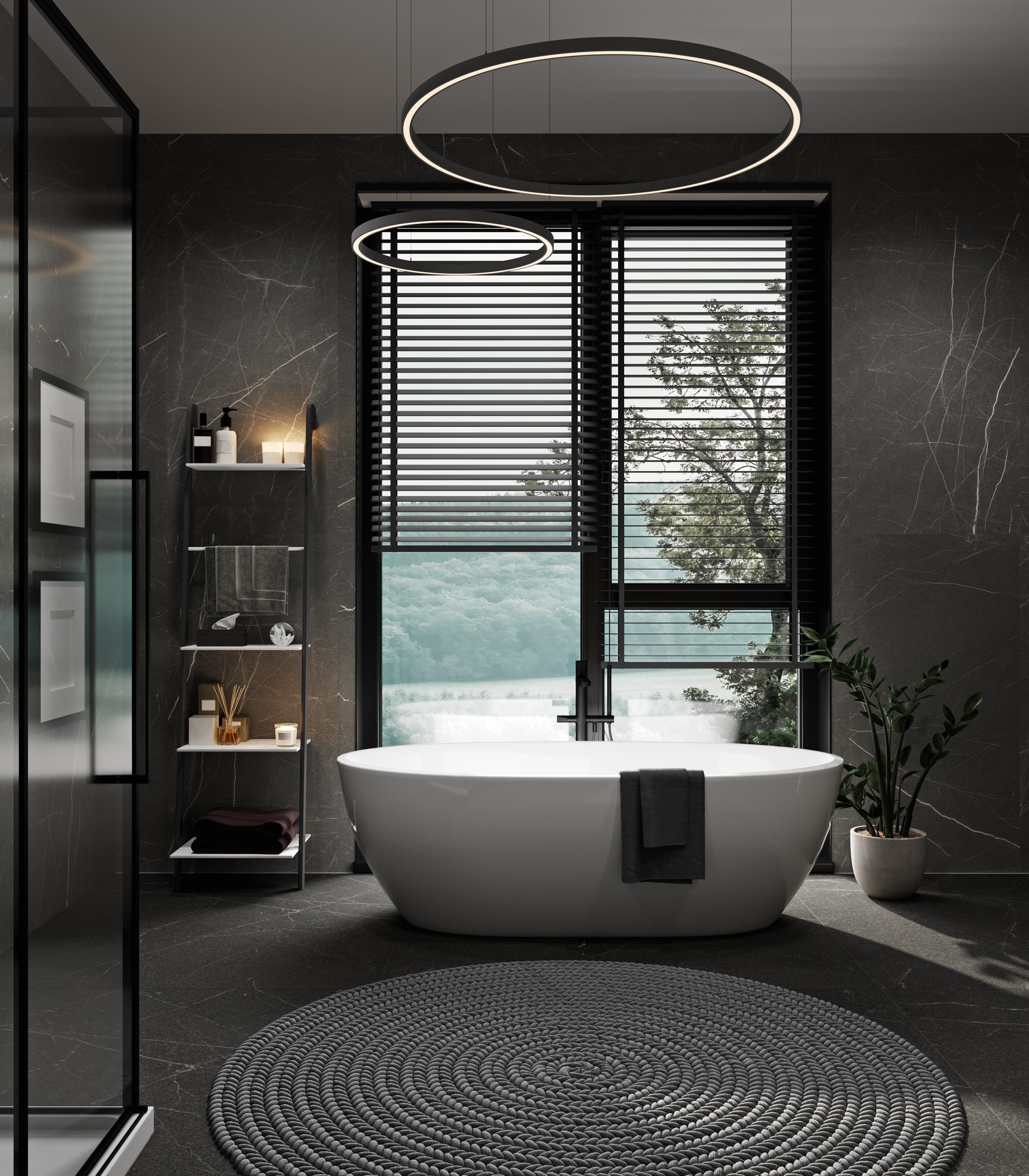 Modern dark stone bathroom design with freestanding bath installed by bathroom fitters in Dundee
